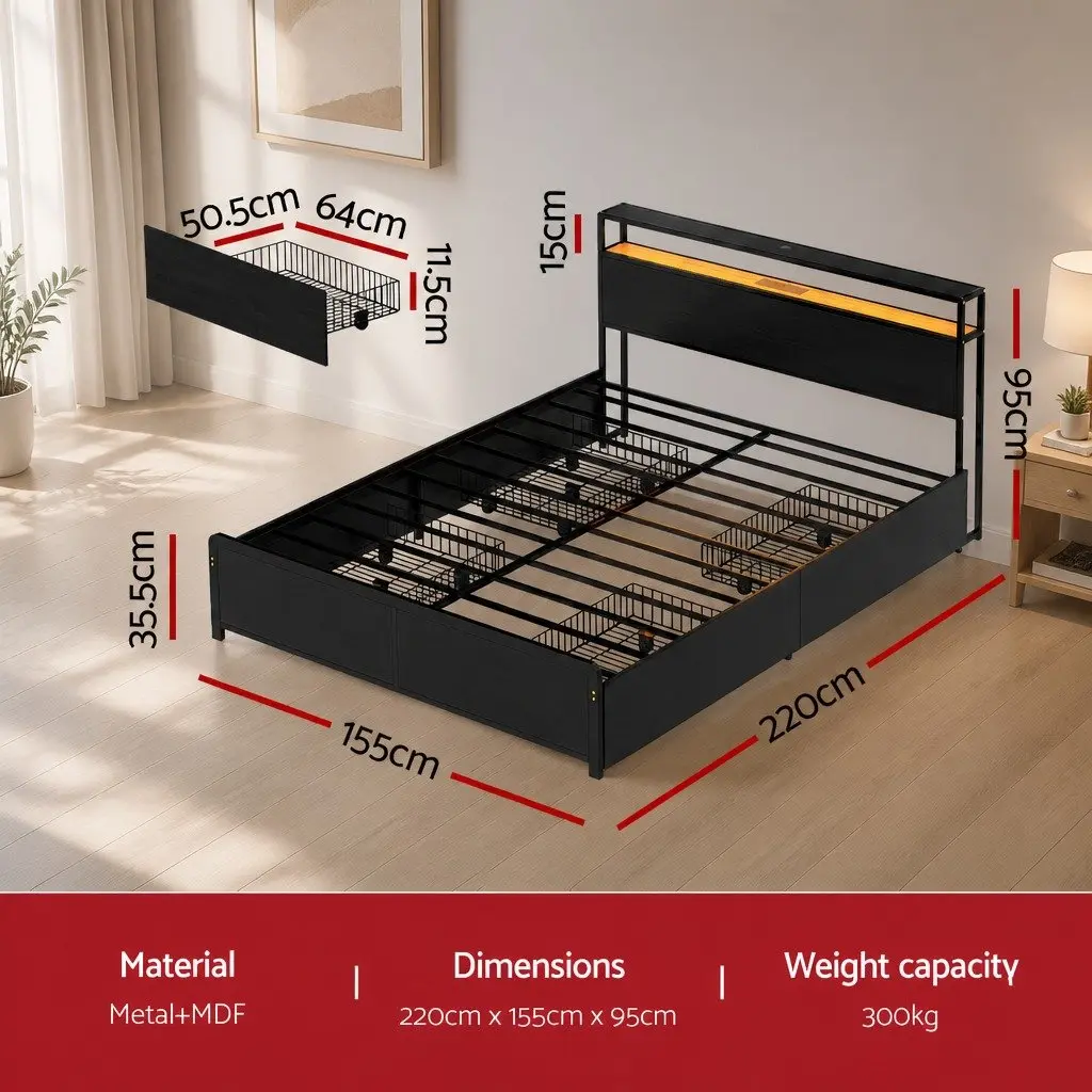 Queen Size Metal Bed Frame with Storage Drawers LED Charging Station Headboard