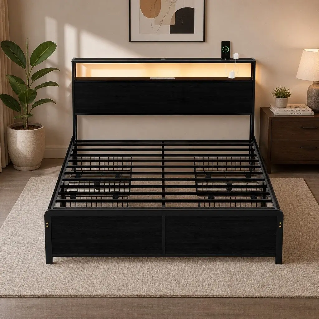 Queen Size Metal Bed Frame with Storage Drawers LED Charging Station Headboard
