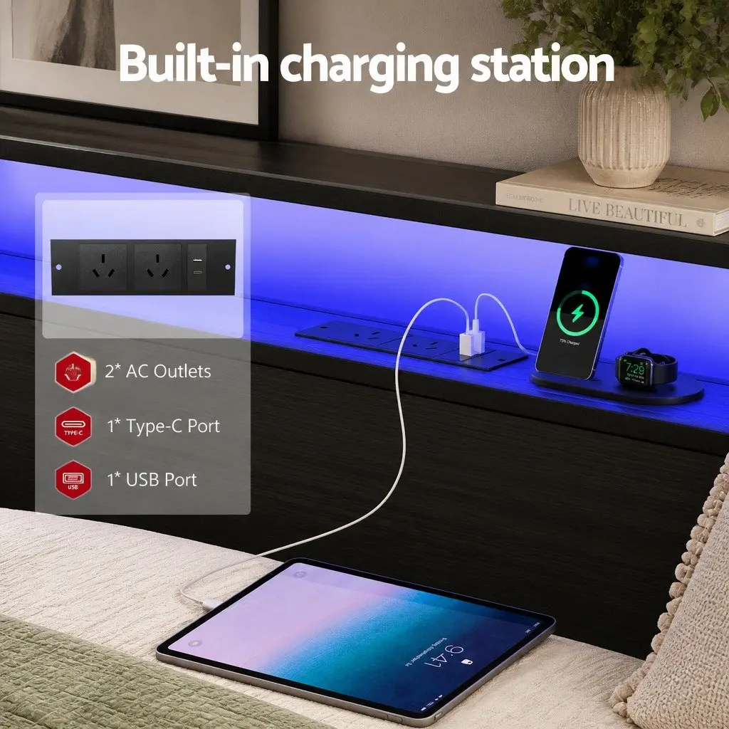 Queen Size Metal Bed Frame with Storage Drawers LED Charging Station Headboard