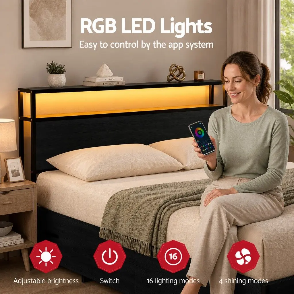 Queen Size Metal Bed Frame with Storage Drawers LED Charging Station Headboard