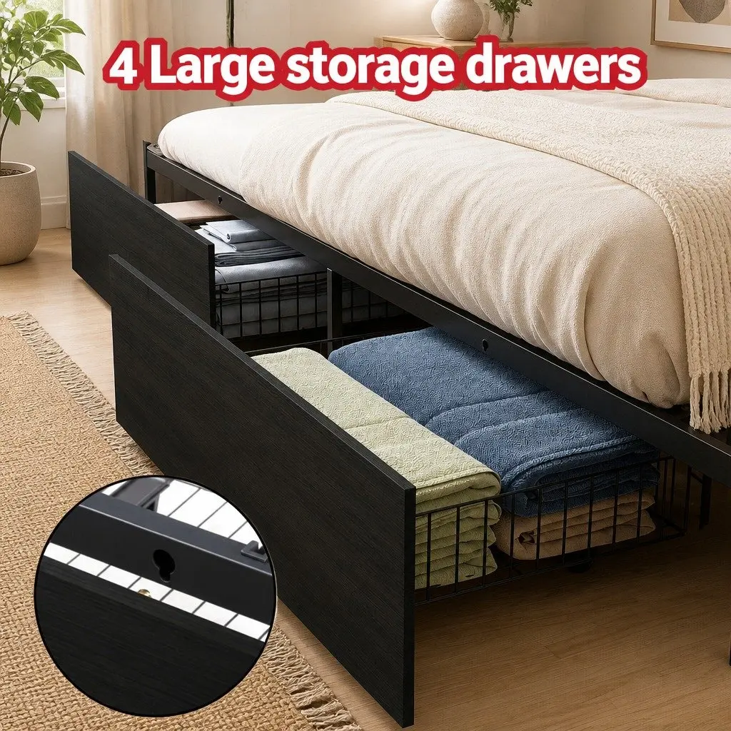 Queen Size Metal Bed Frame with Storage Drawers LED Charging Station Headboard