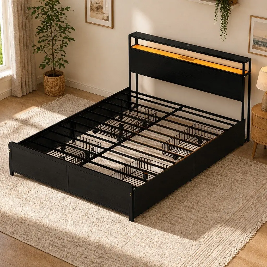 Queen Size Metal Bed Frame with Storage Drawers LED Charging Station Headboard