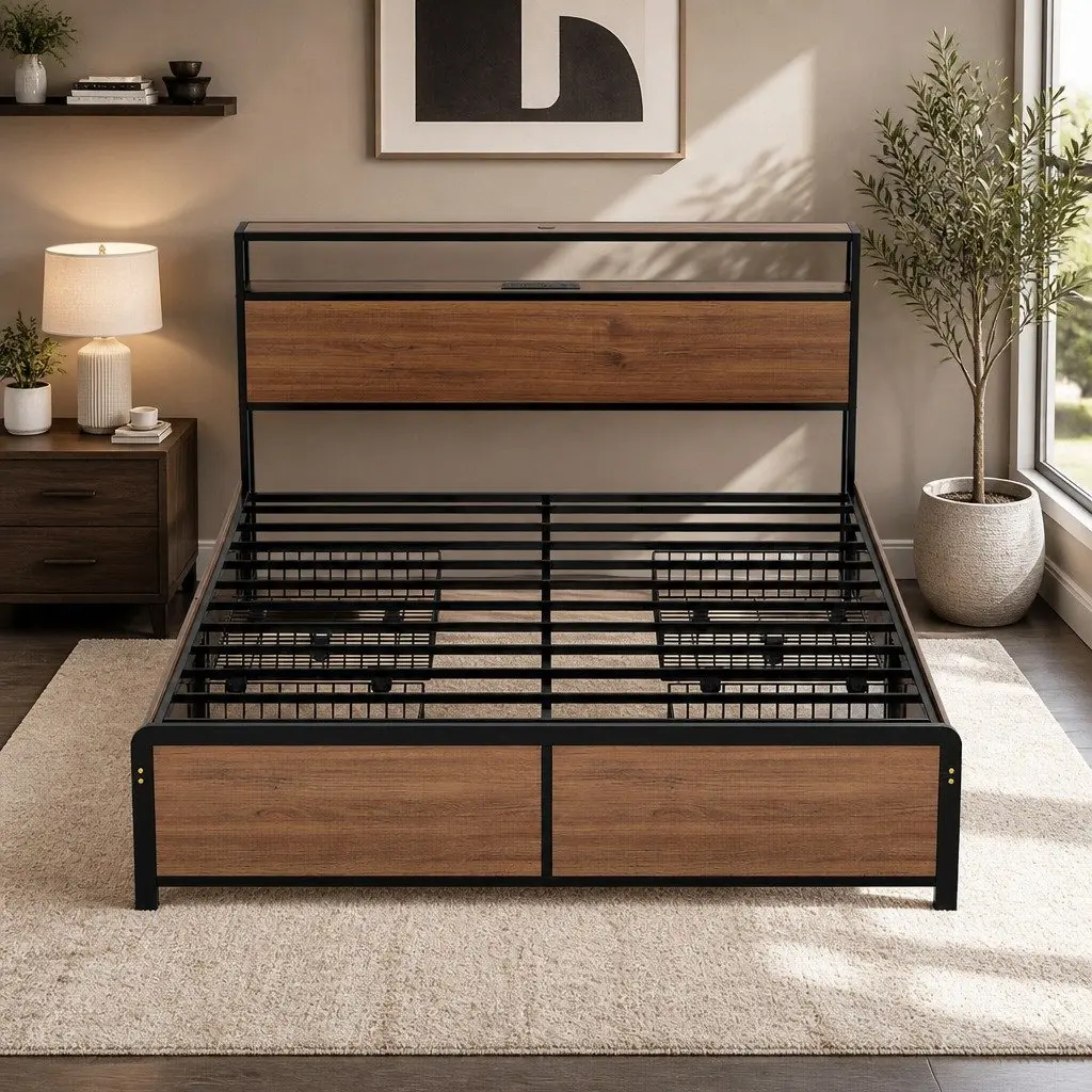 Queen Size Metal Bed Frame with Storage Headboard 4 Drawers LED Charging