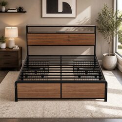 Queen Size Metal Bed Frame with Storage Headboard 4 Drawers LED Charging