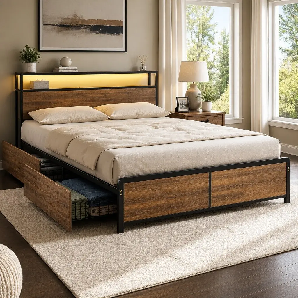 Queen Size Metal Bed Frame with Storage Headboard 4 Drawers LED Charging