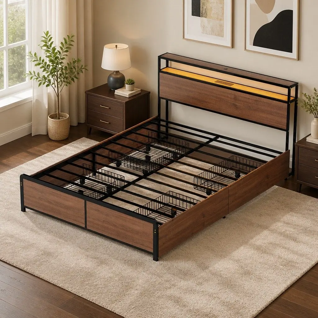 Queen Size Metal Bed Frame with Storage Headboard 4 Drawers LED Charging
