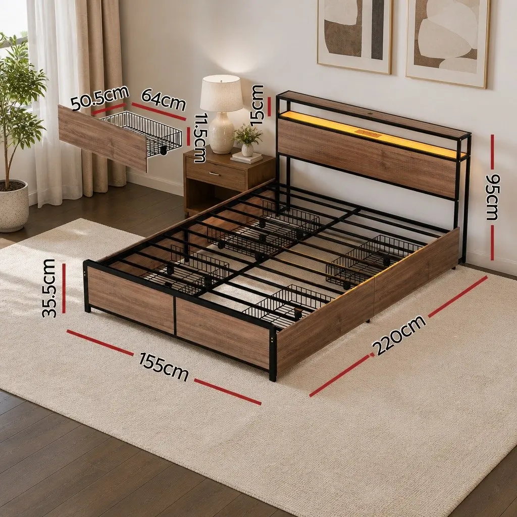 Queen Size Metal Bed Frame with Storage Headboard 4 Drawers LED Charging