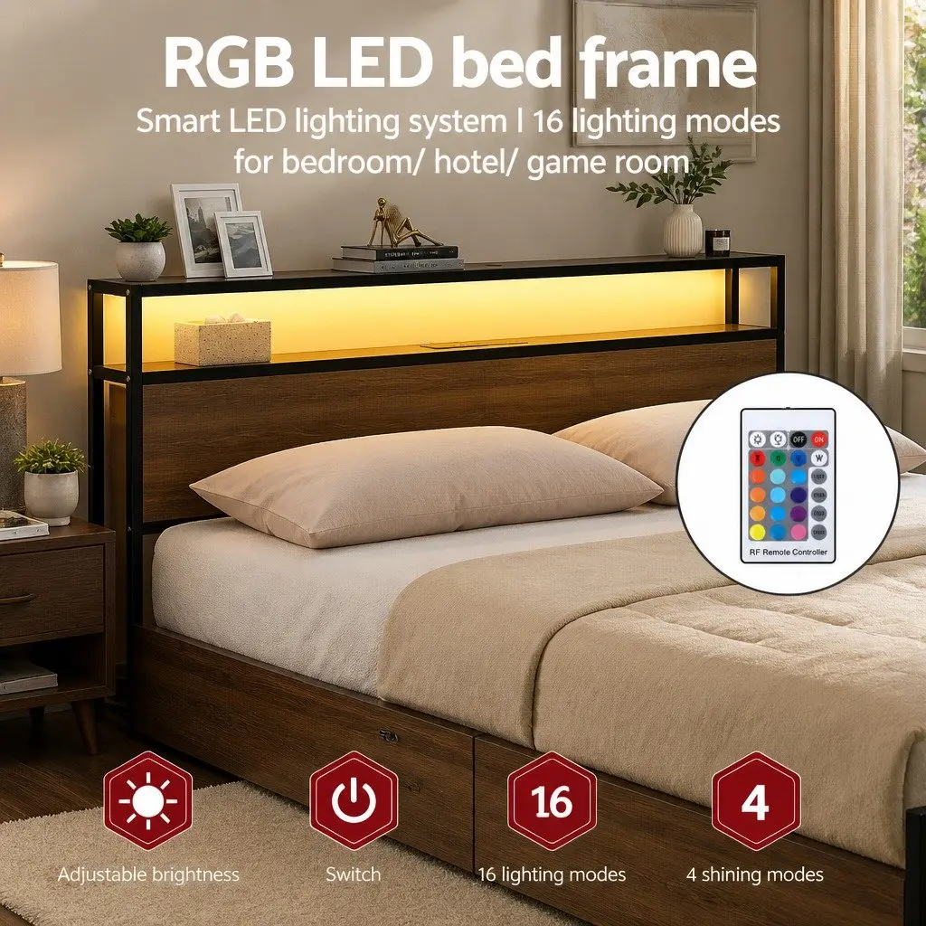 Queen Size Metal Bed Frame with Storage Headboard 4 Drawers LED Charging