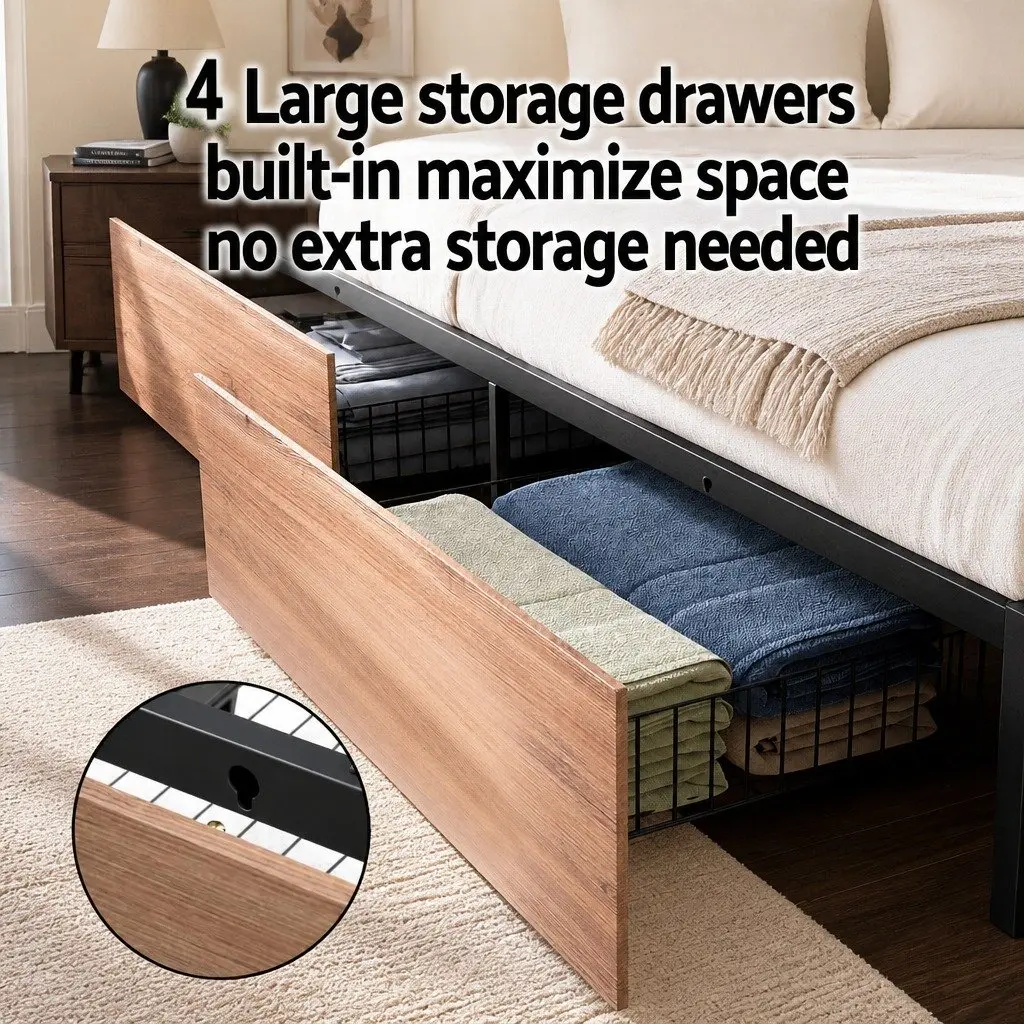 Queen Size Metal Bed Frame with Storage Headboard 4 Drawers LED Charging