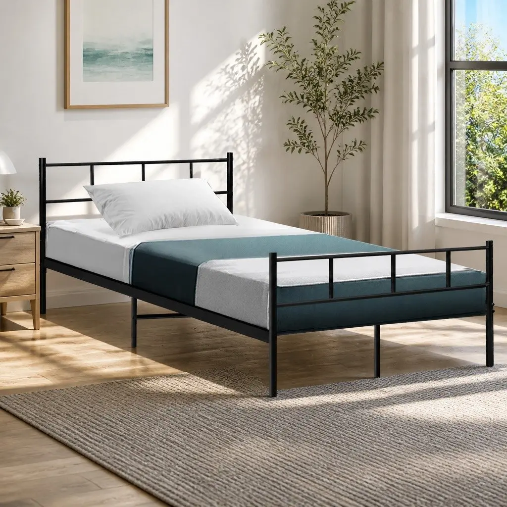 Metal Bed Frame King Single Black Steel Slat Base Storage