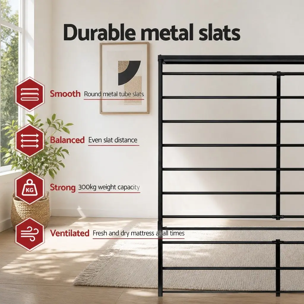 Queen Metal Bed Frame Black Steel Powder-Coated Storage Underneath Support Slats