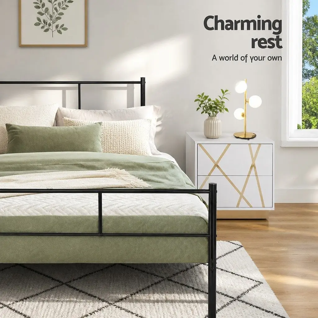 Queen Metal Bed Frame Black Steel Powder-Coated Storage Underneath Support Slats