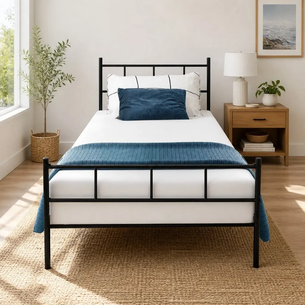 Single Metal Bed Frame Black Steel Construction with Underbed Storage Space