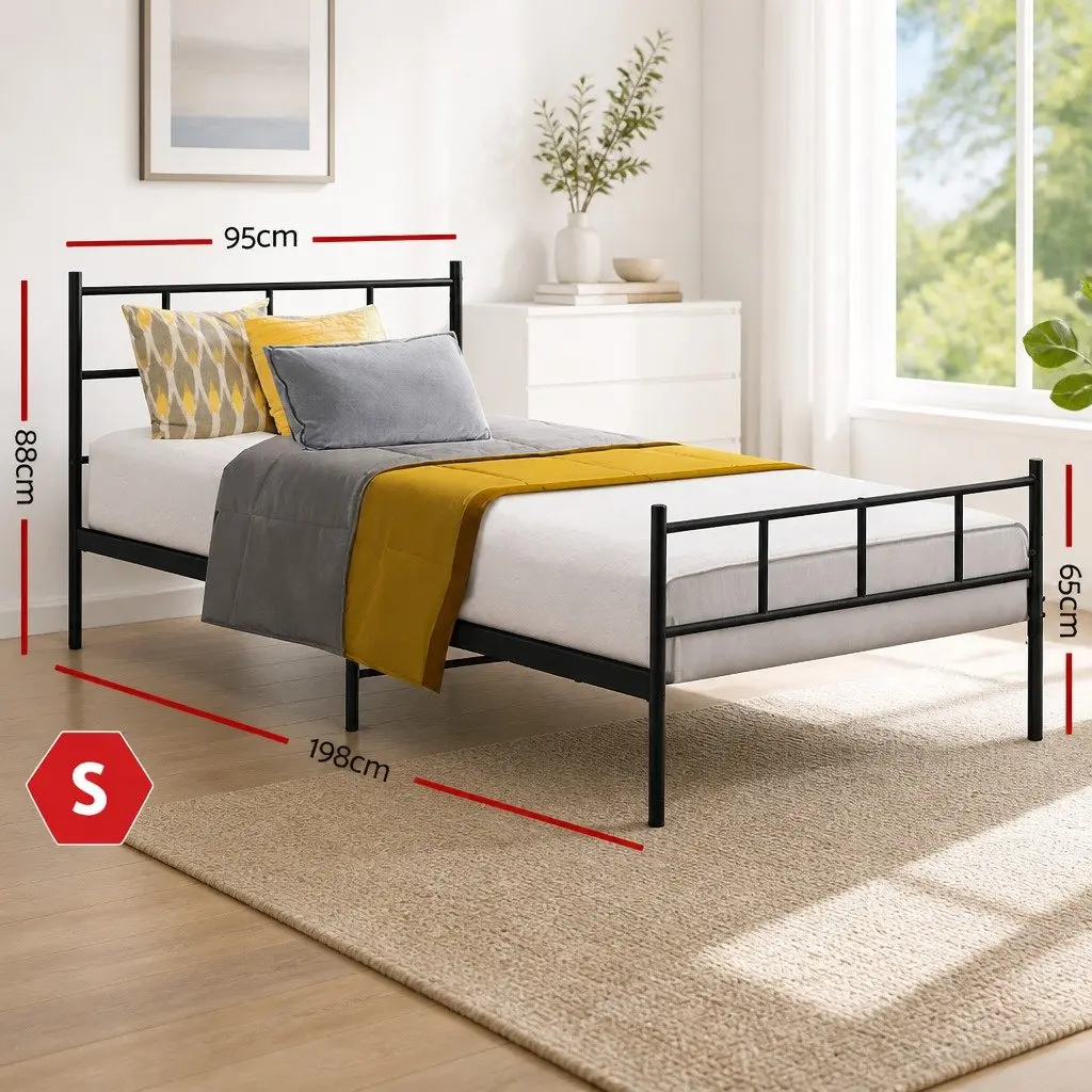 Single Metal Bed Frame Black Steel Construction with Underbed Storage Space