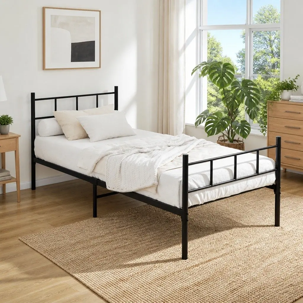 Single Metal Bed Frame Black Steel Construction with Underbed Storage Space