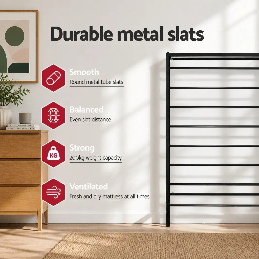Single Metal Bed Frame Black Steel Construction with Underbed Storage Space