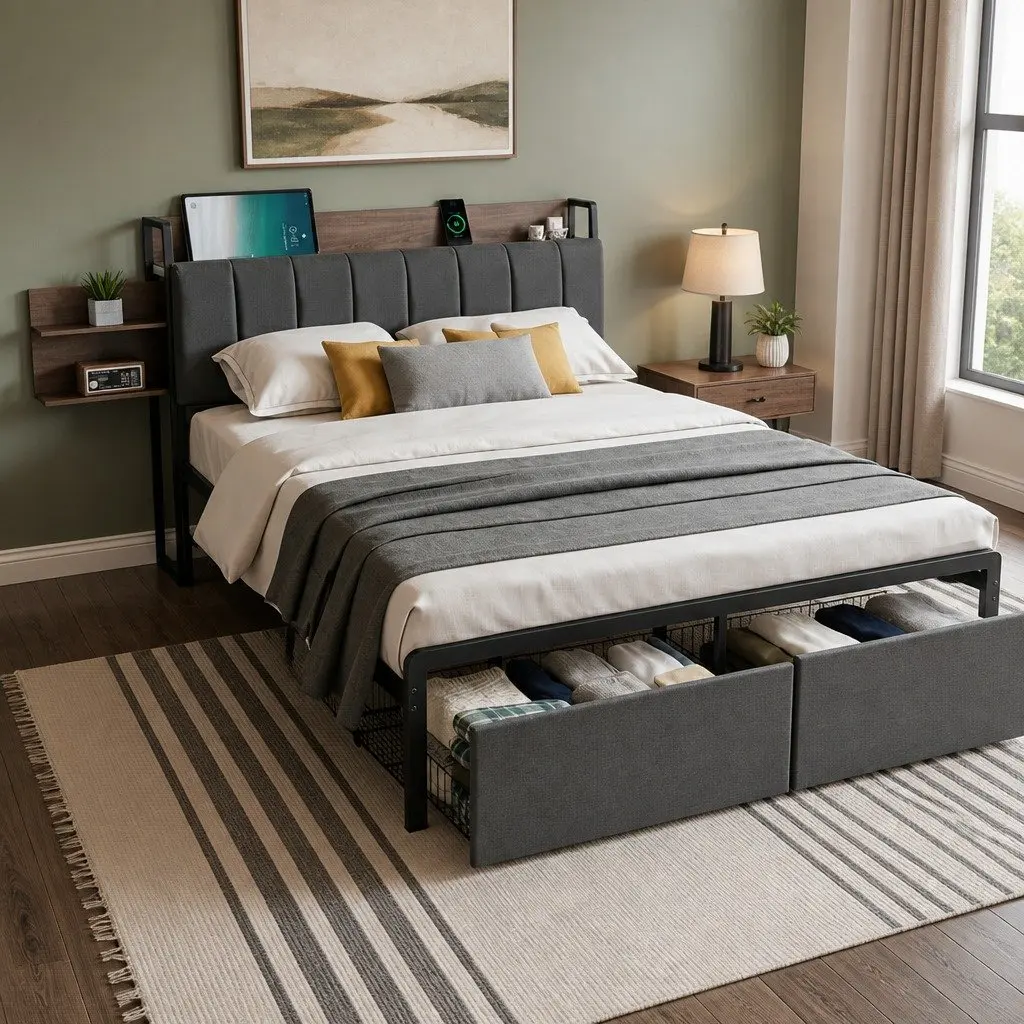 Metal Bed Frame Double Size with Hidden Storage Headboard and Charging Station
