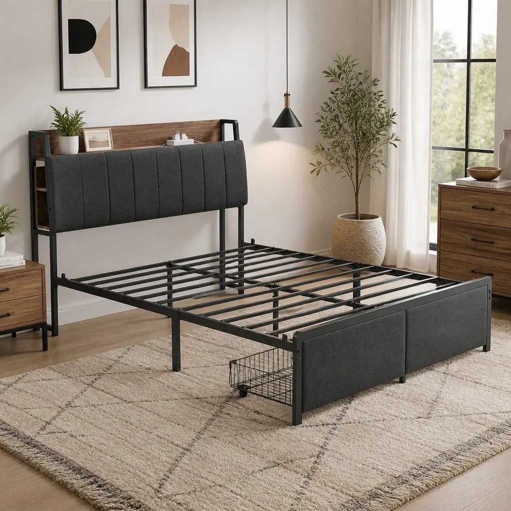 Metal Bed Frame Double Size with Hidden Storage Headboard and Charging Station