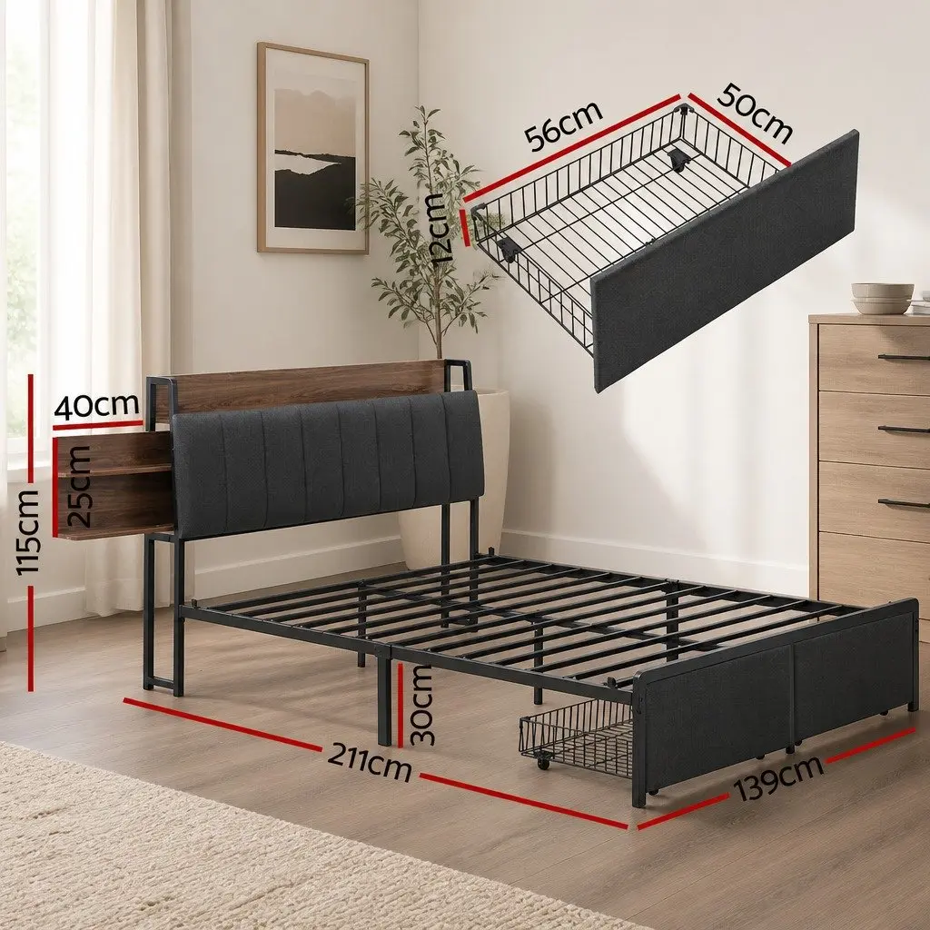 Metal Bed Frame Double Size with Hidden Storage Headboard and Charging Station