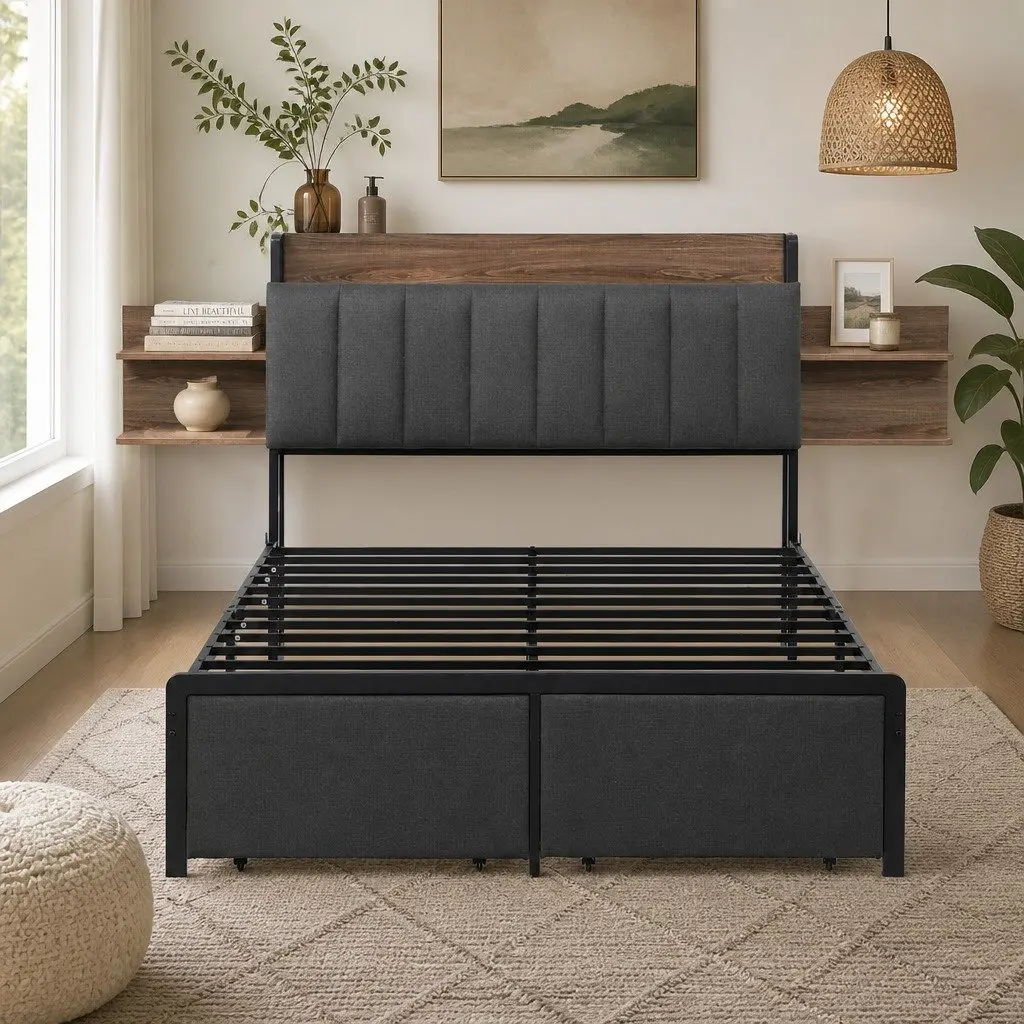 Metal Bed Frame Double Size with Hidden Storage Headboard and Charging Station