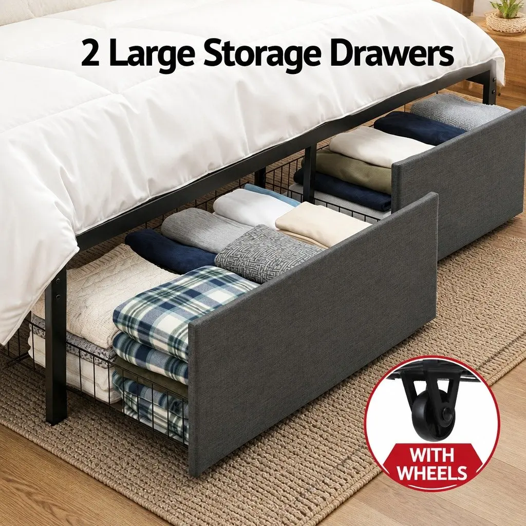 Metal Bed Frame Double Size with Hidden Storage Headboard and Charging Station