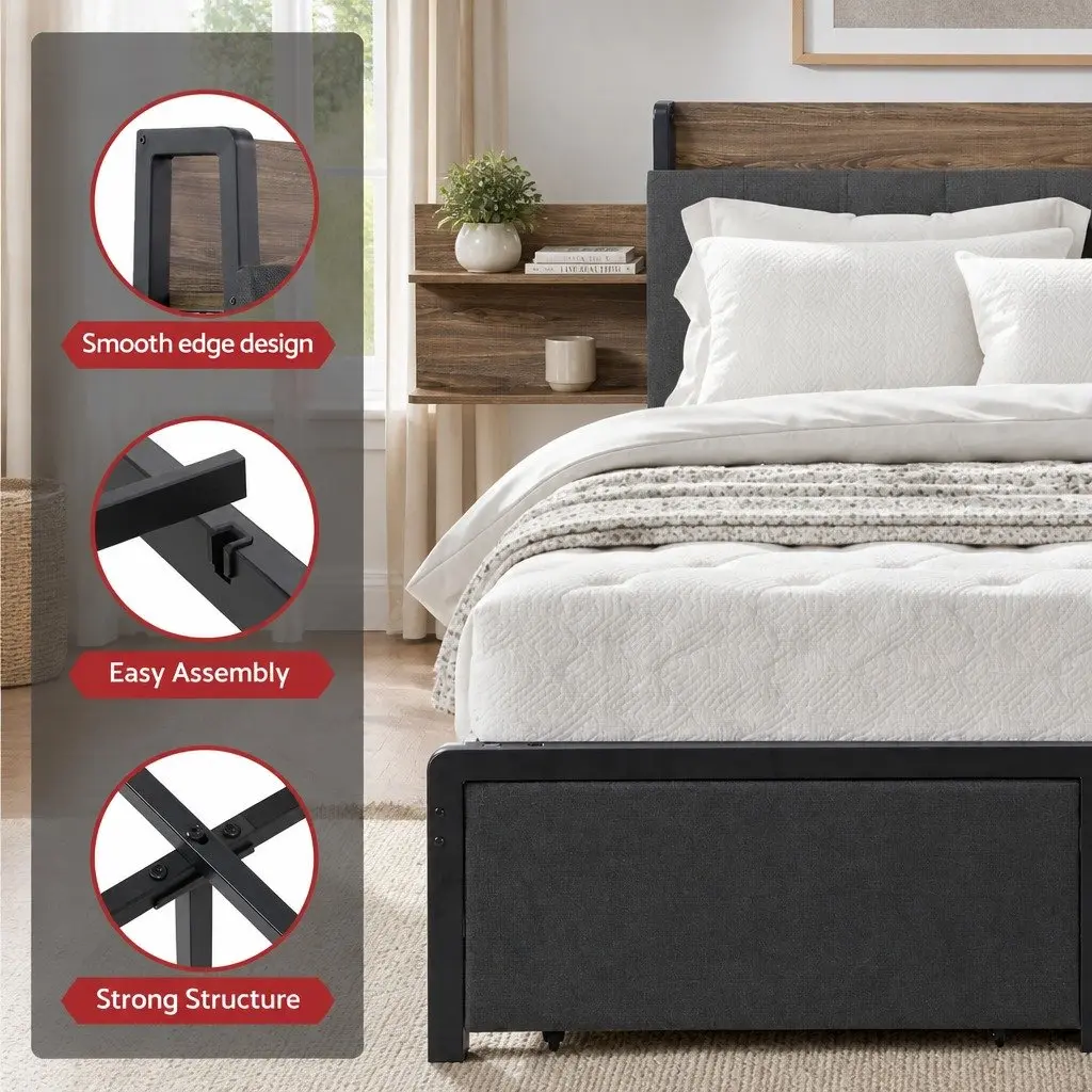 Metal Bed Frame Double Size with Hidden Storage Headboard and Charging Station