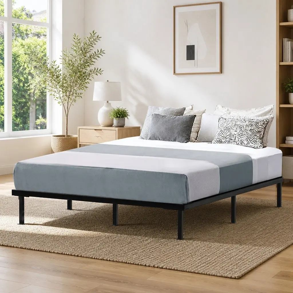 Queen Size Metal Bed Frame with Under-Bed Storage Black Steel Construction