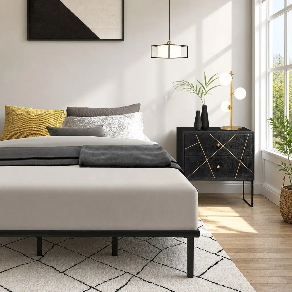 Queen Size Metal Bed Frame with Under-Bed Storage Black Steel Construction