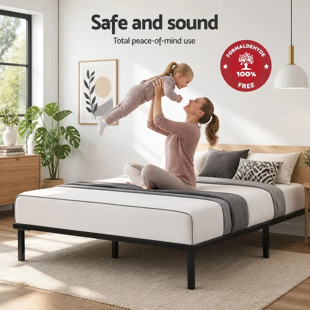 Queen Size Metal Bed Frame with Under-Bed Storage Black Steel Construction