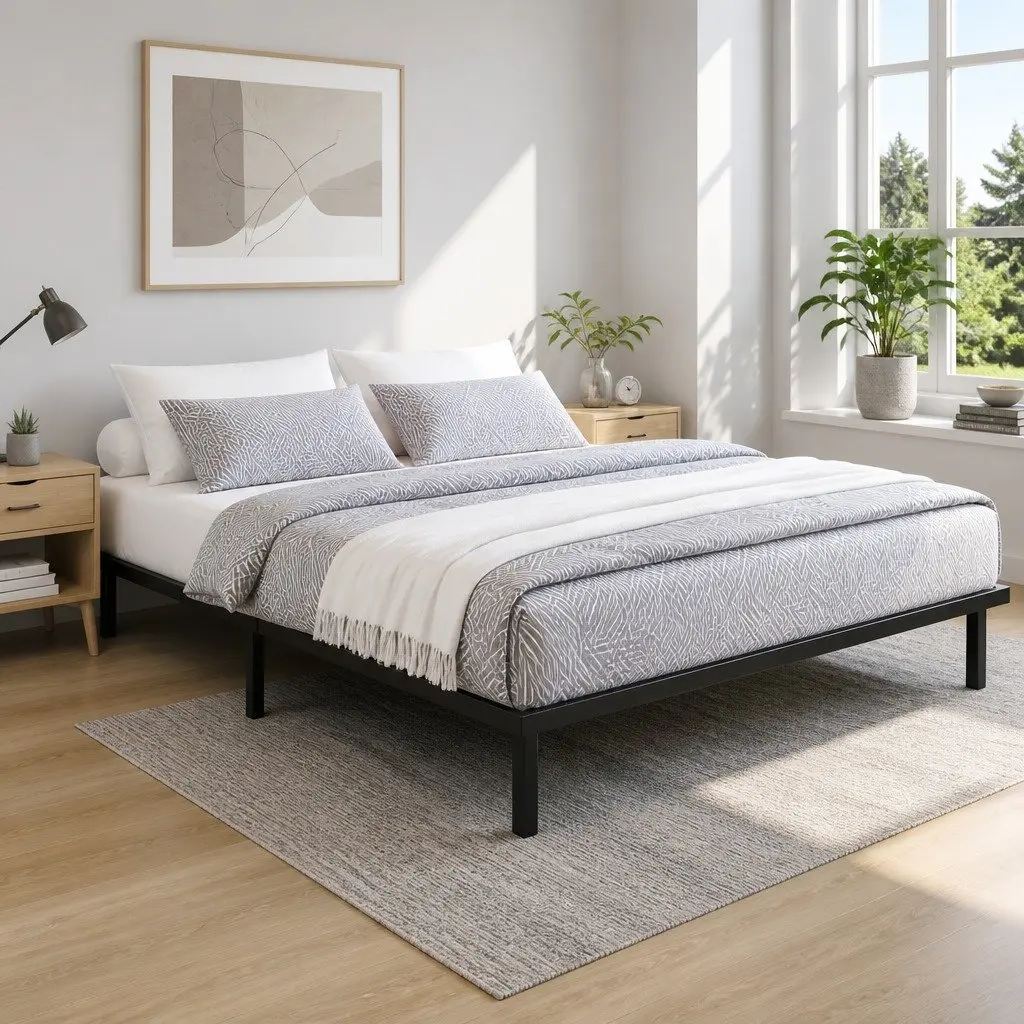 Queen Size Metal Bed Frame with Under-Bed Storage Black Steel Construction