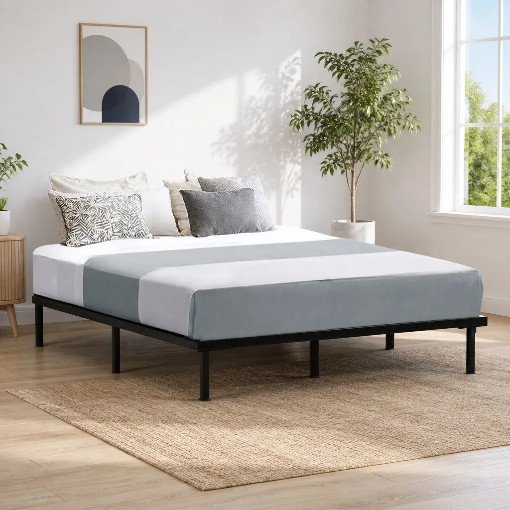 Queen Size Metal Bed Frame with Under-Bed Storage Black Steel Construction