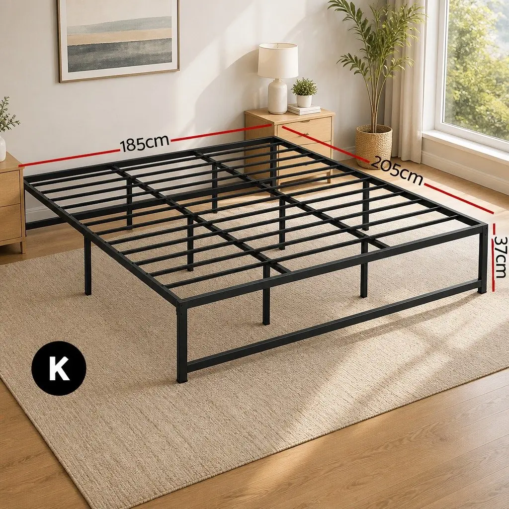 King Size Metal Bed Frame Black Steel Minimalist Design Storage Space