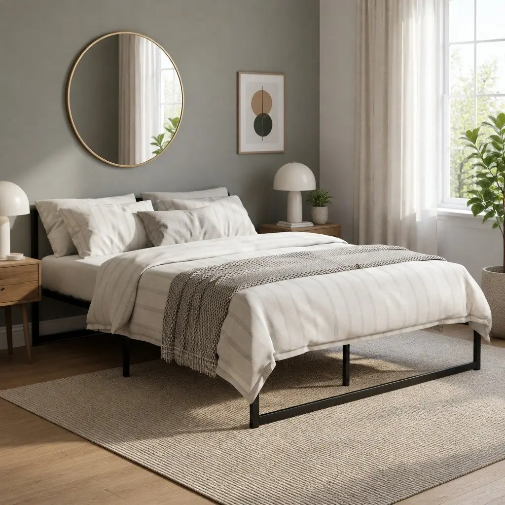 Queen Size Metal Bed Frame Black Steel with Center Support Slats