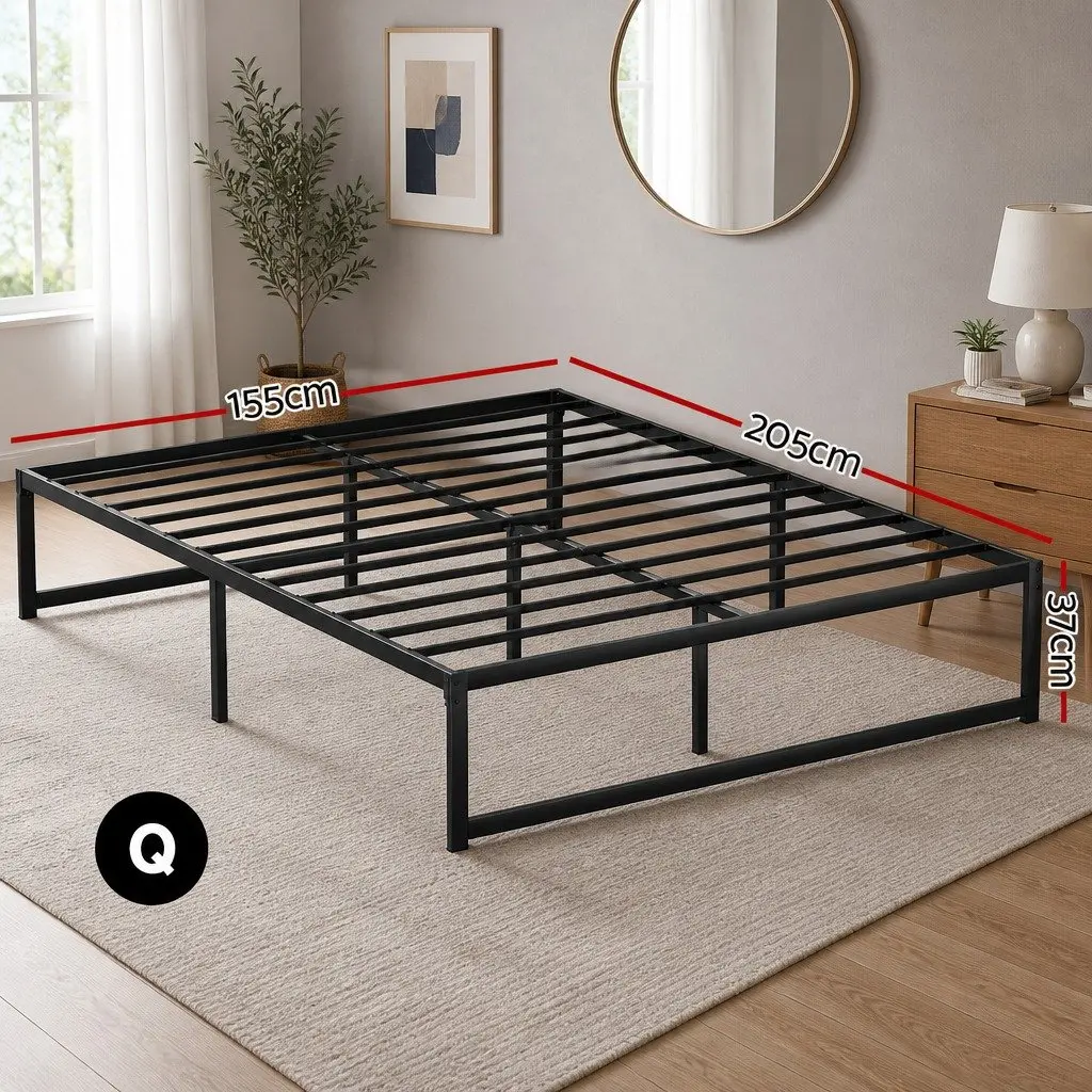 Queen Size Metal Bed Frame Black Steel with Center Support Slats