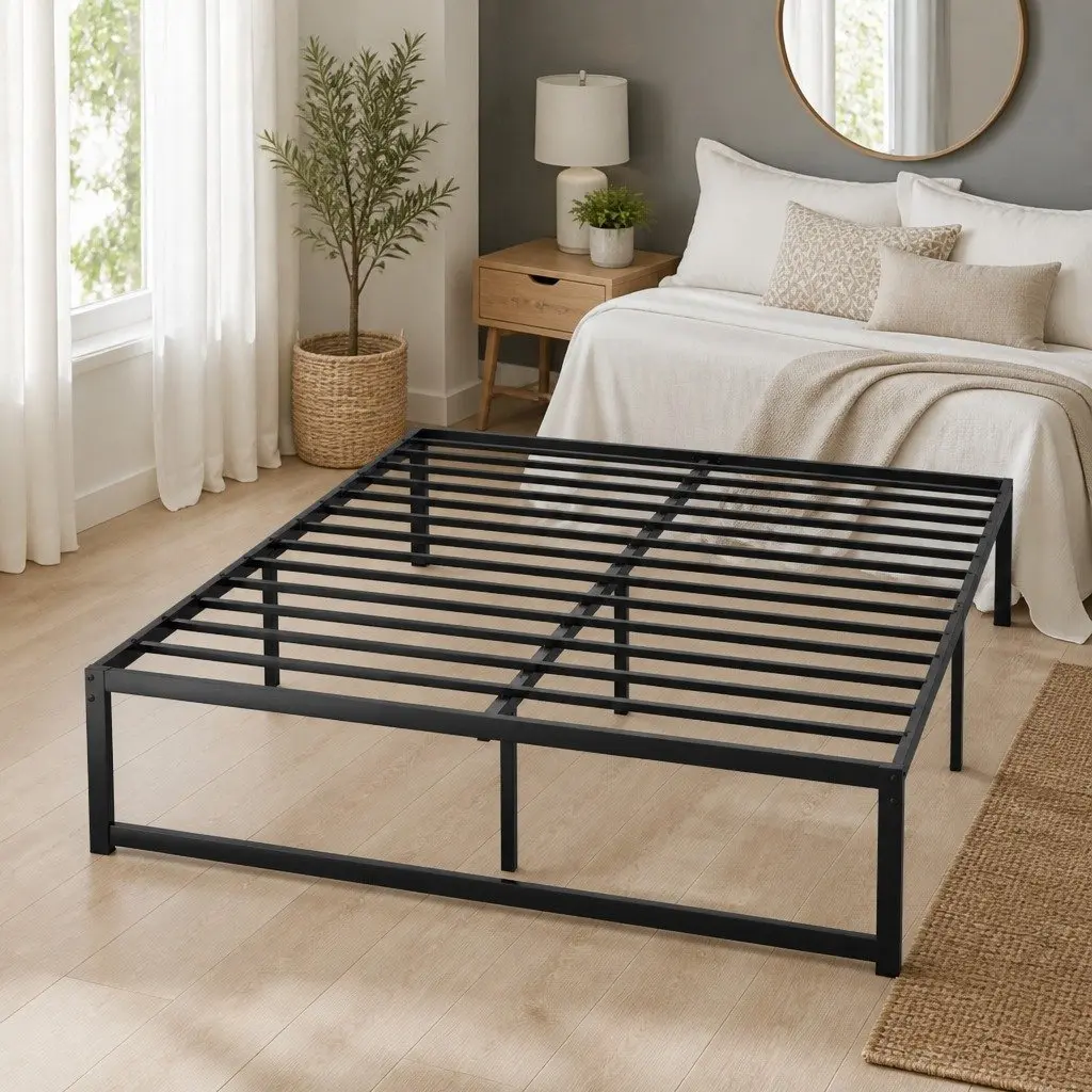 Queen Size Metal Bed Frame Black Steel with Center Support Slats