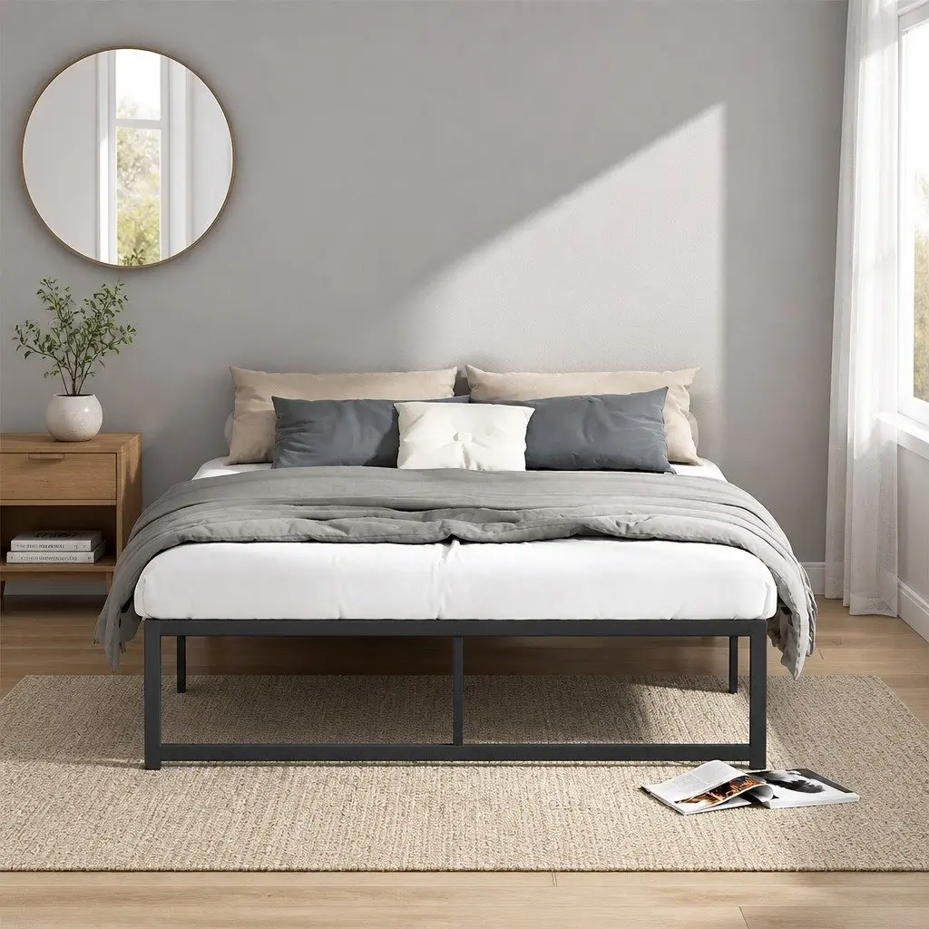 Queen Size Metal Bed Frame Black Steel with Center Support Slats