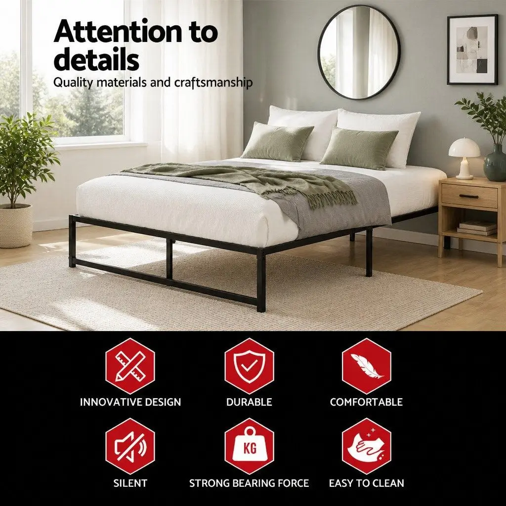 Queen Size Metal Bed Frame Black Steel with Center Support Slats