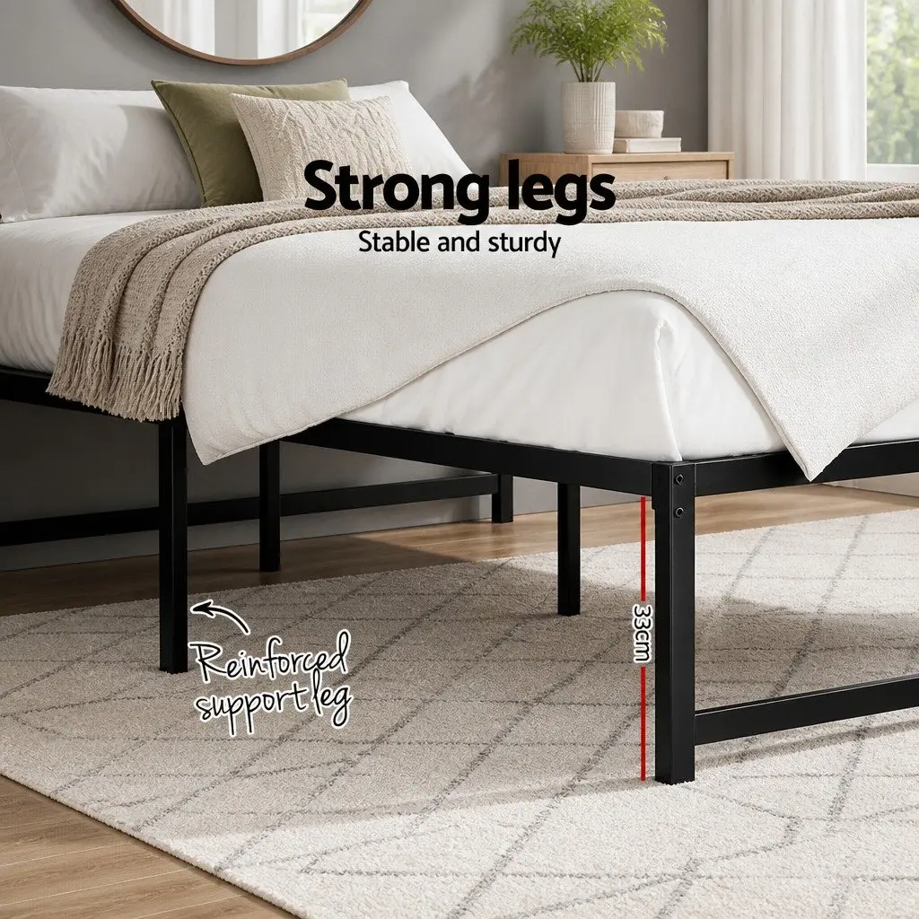 Queen Size Metal Bed Frame Black Steel with Center Support Slats