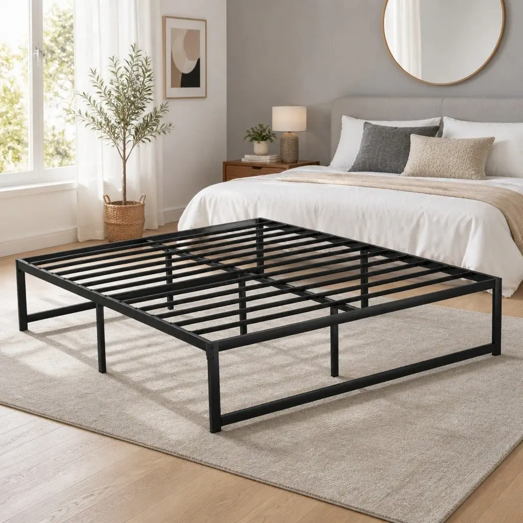 Queen Size Metal Bed Frame Black Steel with Center Support Slats