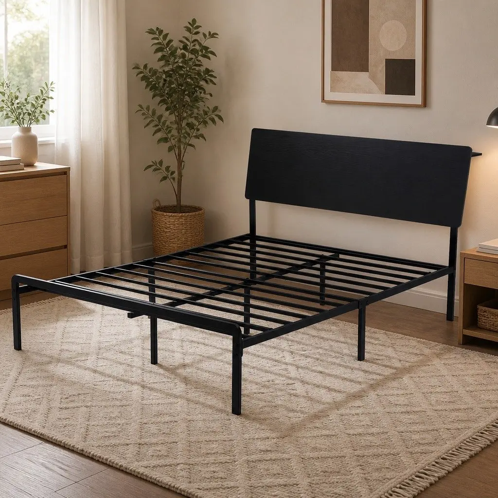 Queen Size Metal Bed Frame with LED Lighting and Charging Station