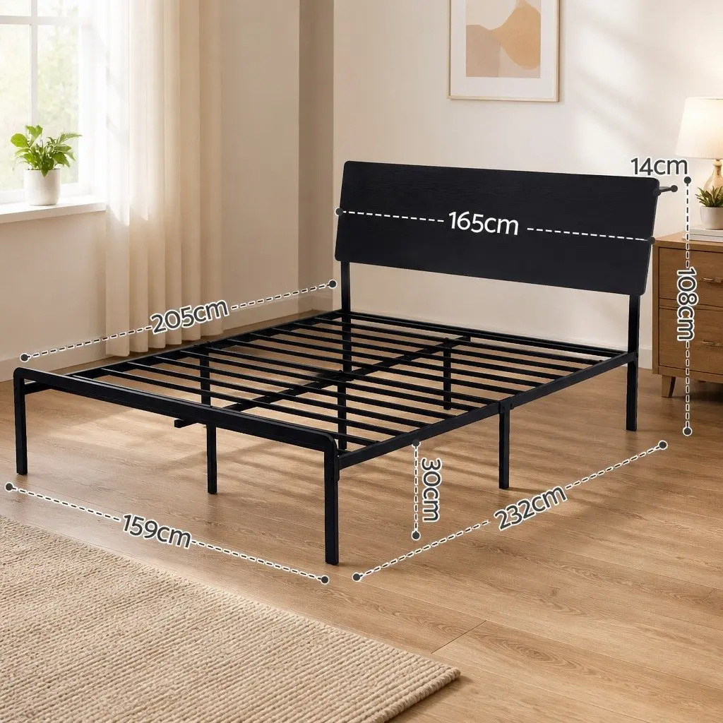 Queen Size Metal Bed Frame with LED Lighting and Charging Station