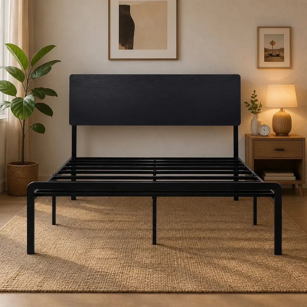 Queen Size Metal Bed Frame with LED Lighting and Charging Station