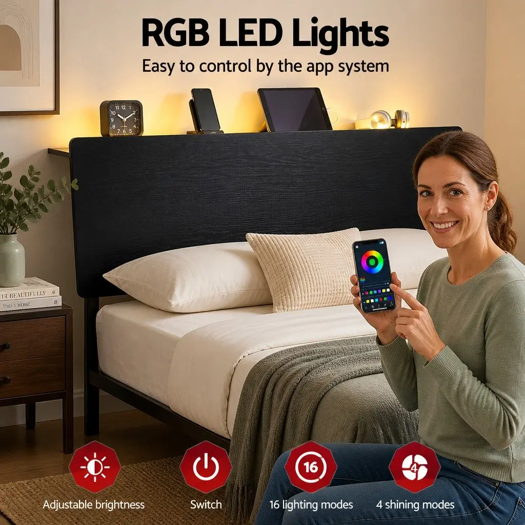 Queen Size Metal Bed Frame with LED Lighting and Charging Station