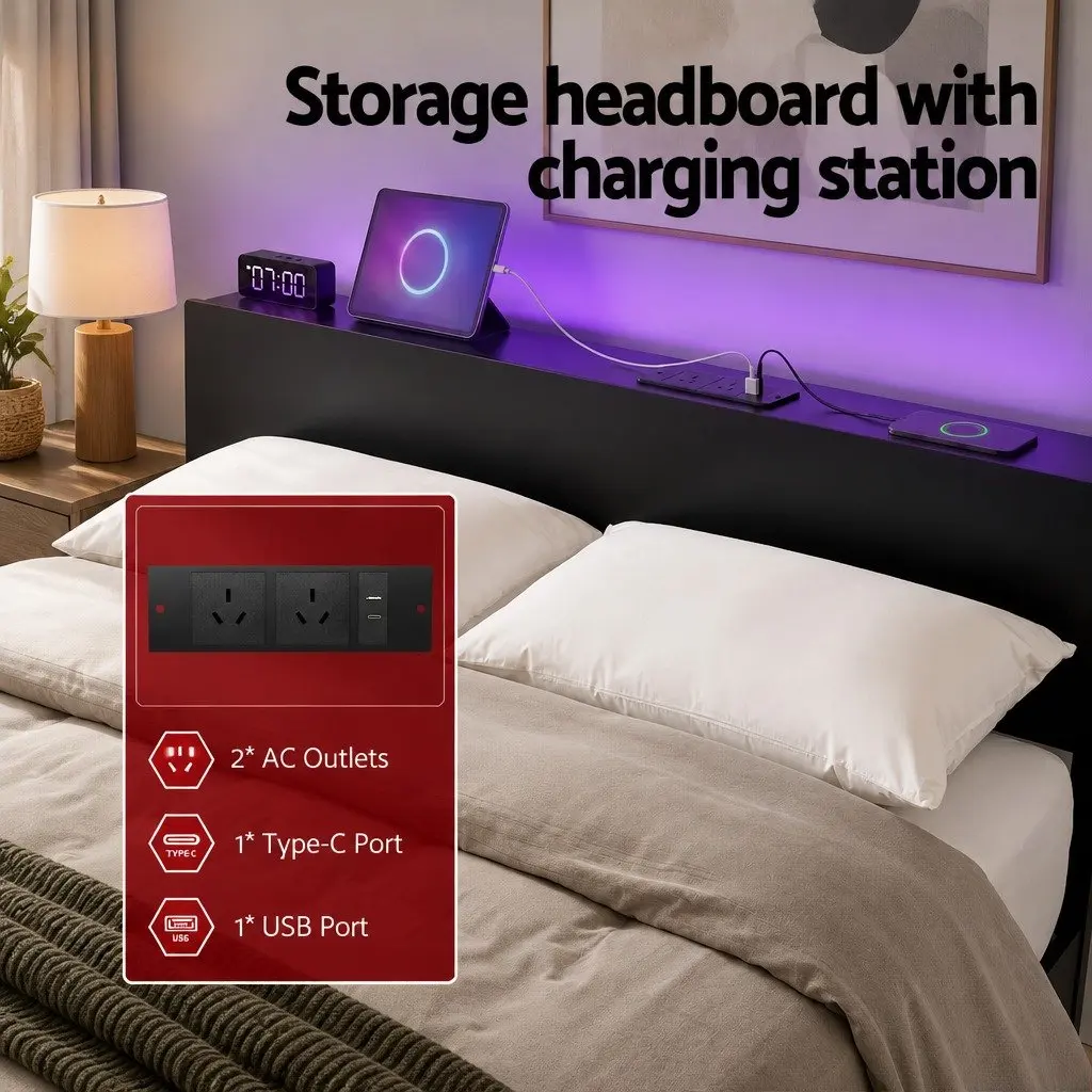 Queen Size Metal Bed Frame with LED Lighting and Charging Station