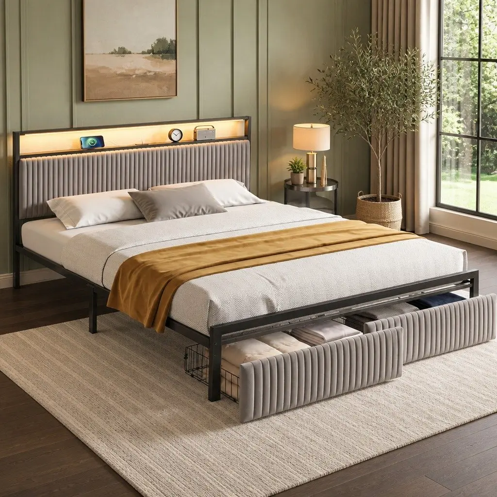 King Size Bed Frame with USB Charging & Storage