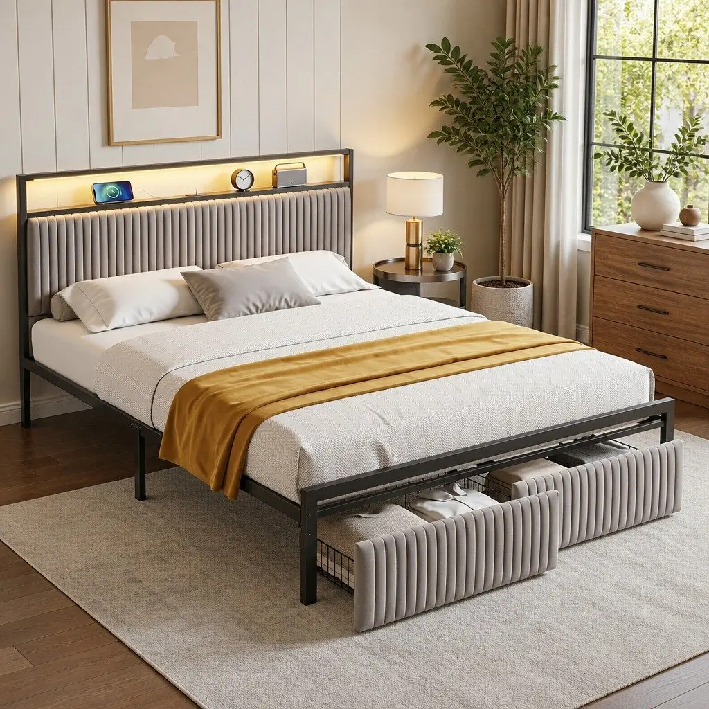 Queen Bed Frame with Velvet Headboard and Storage