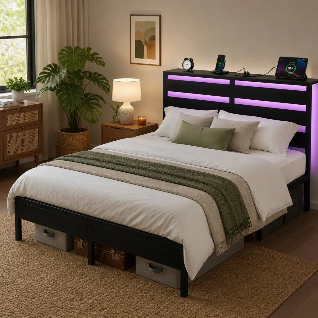Queen Bed Frame with LED and Storage Solutions