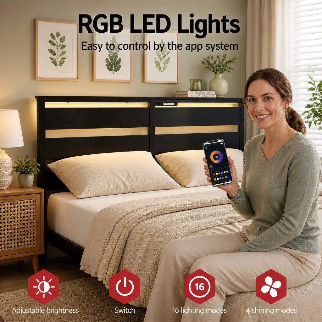 Queen Bed Frame with LED and Storage Solutions
