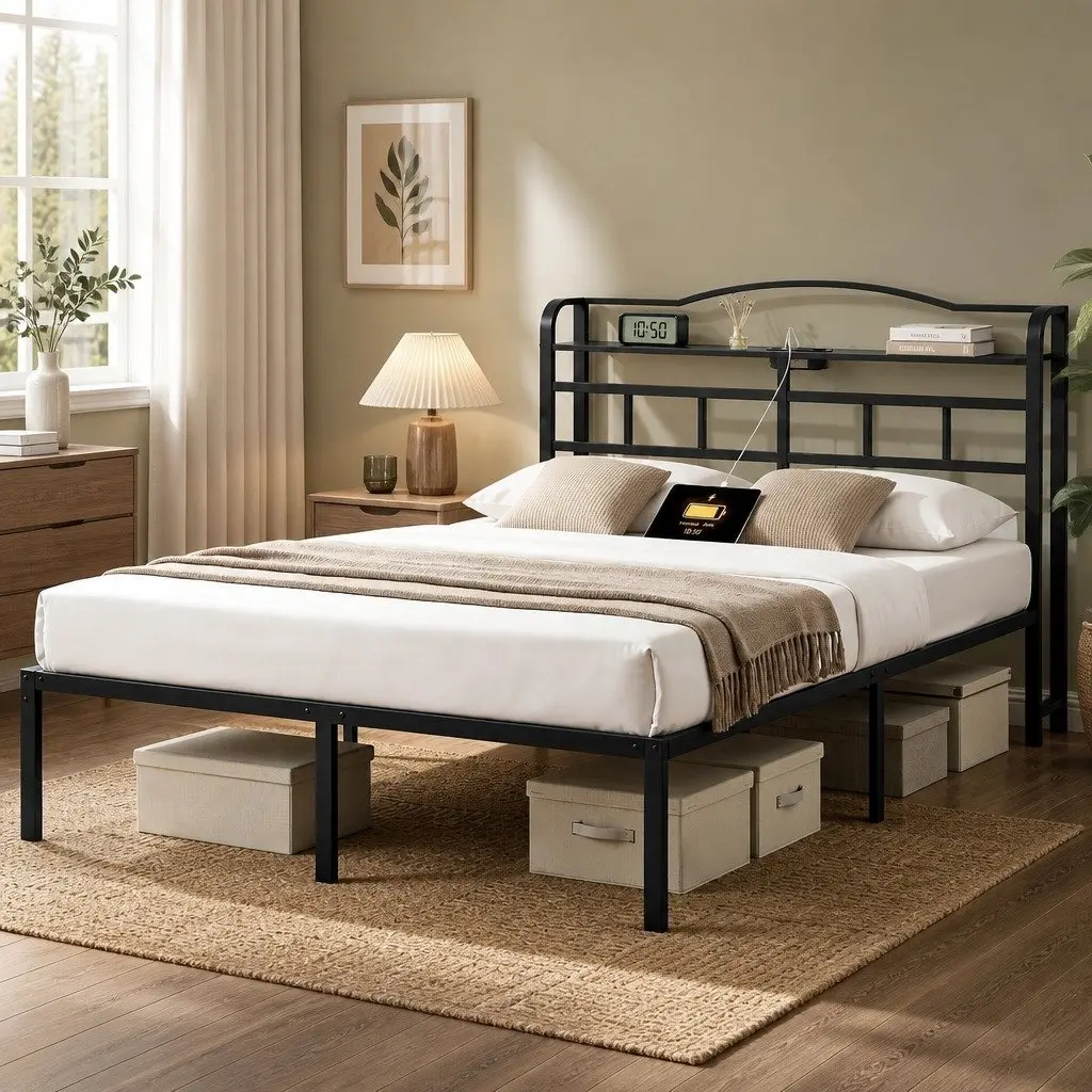 Double Bed Frame with Charging & Storage Options