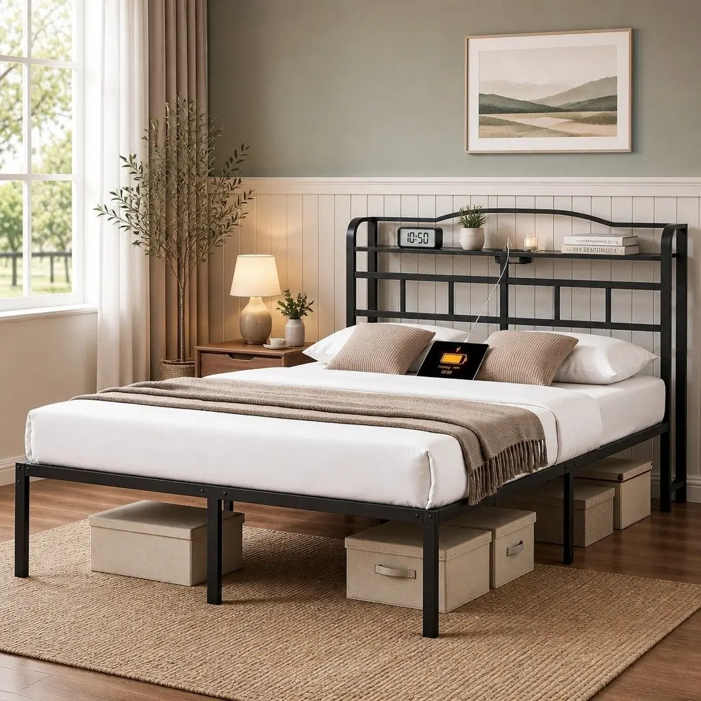 Queen Size Bed Frame with Integrated Charging Station AC Outlets USB Type-C and Under-bed Storage
